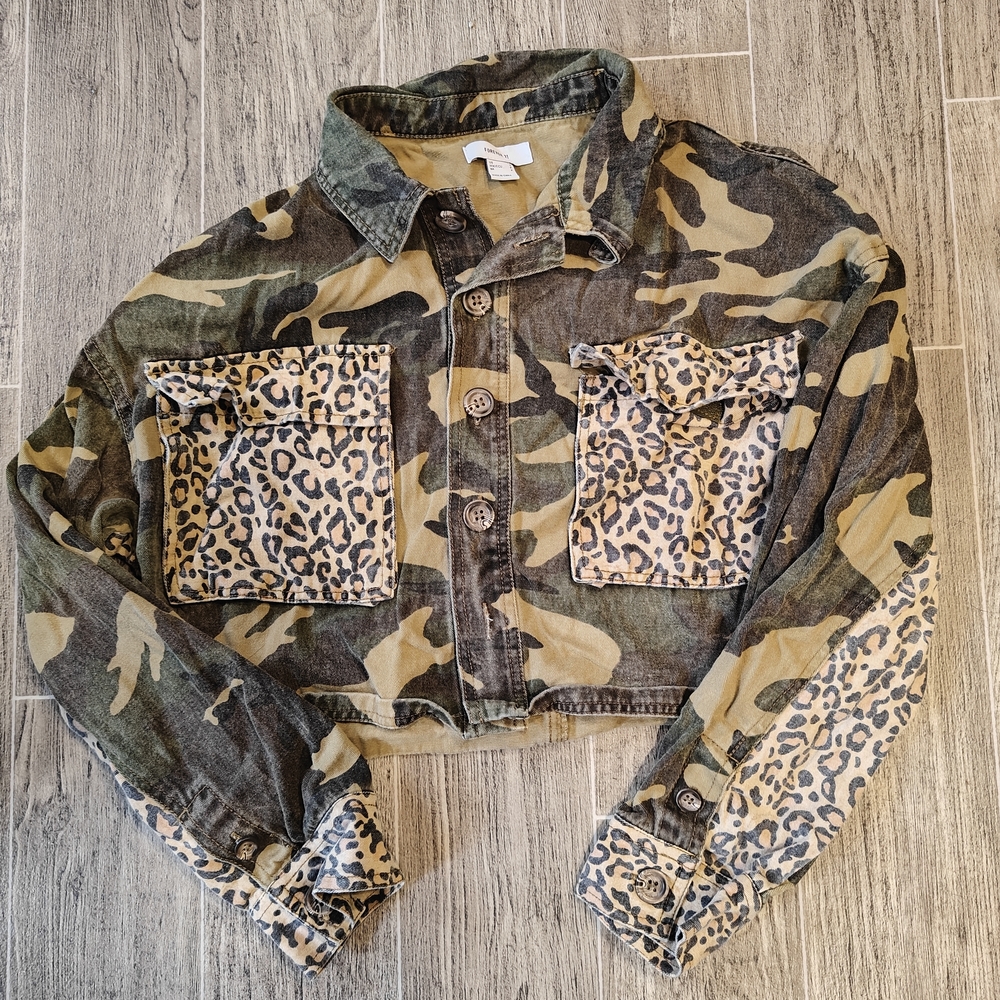 Forever 21 Camo & Leopard Print Cropped Jean Jacket - Green, Brown, Tan